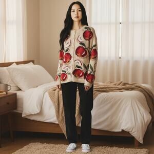 Vintage Talbots Linen Cardigan Sweater Small Fruit Apple Winter Warm Cottagecore